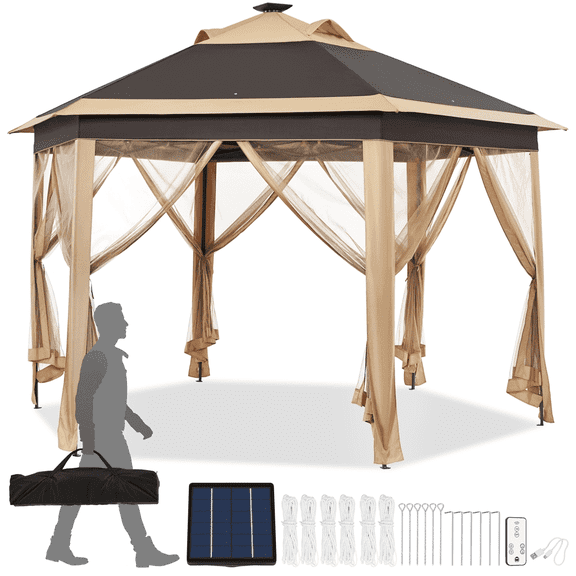 Topeakmart 13′ x 11′ Adjustable Pop-Up Gazebo Tent with Mesh Sides & LED Lights for Parties, Khaki & Brown