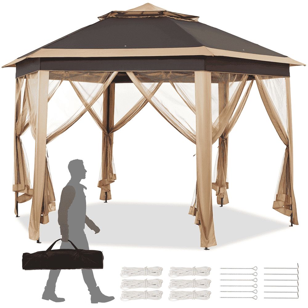 Topeakmart 13x11 ft Hexagonal Gazebo with Mesh Netting for Garden Patio, Brown
