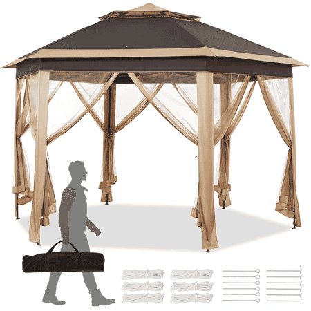 Topeakmart 13x11 ft Hexagonal Gazebo with Mesh Netting for Garden Patio, Brown