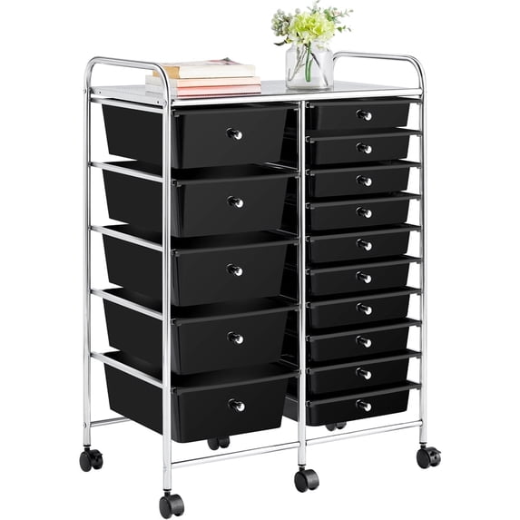 Yaheetech 15 Drawers Rolling Storage Cart Bin Organizer Metal Frame Plastic Drawers, Black