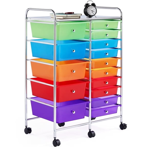 Yaheetech 15 Drawers Rolling Storage Cart Bin Organizer Metal Frame Plastic Drawers, Multicolor