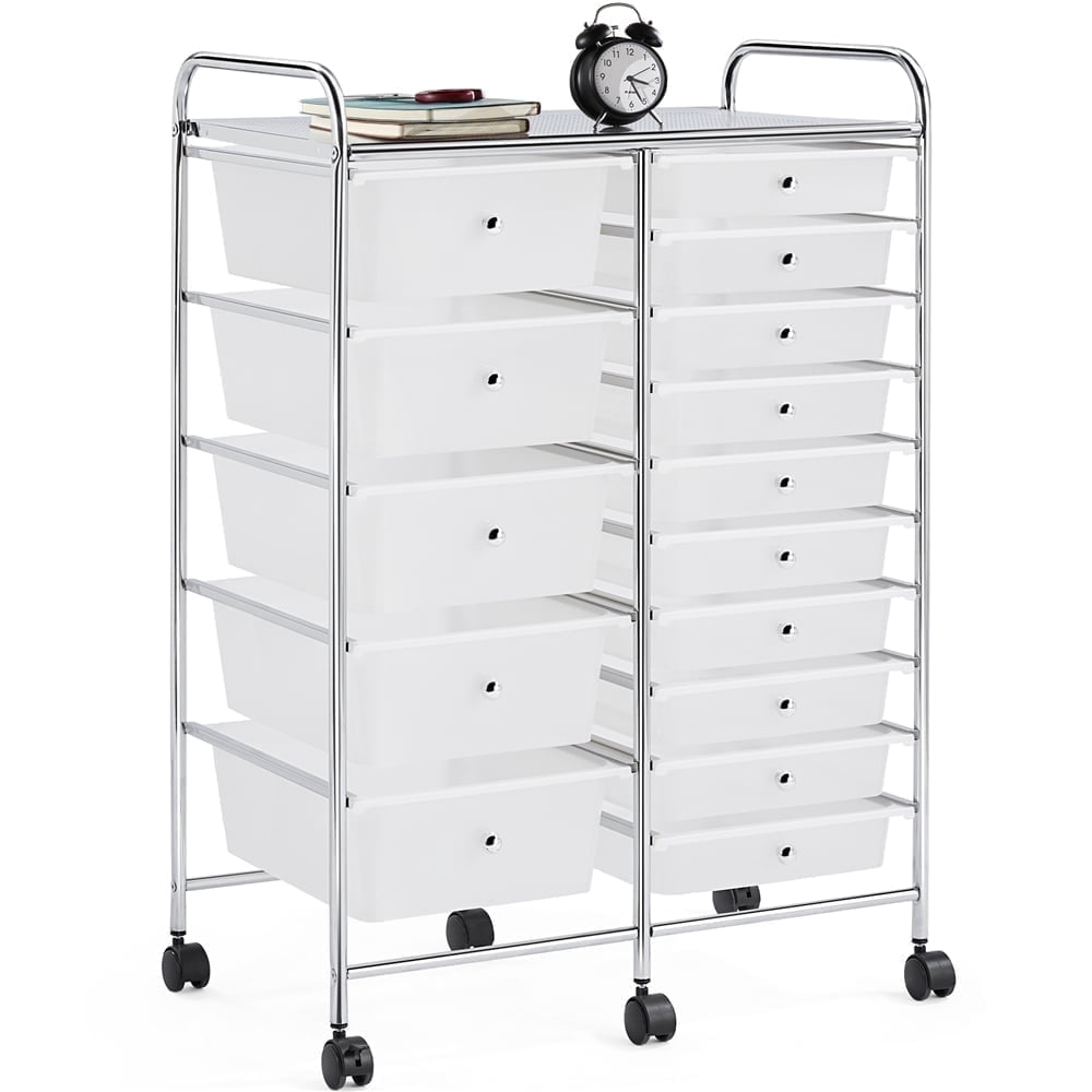 Yaheetech 15 Drawers Rolling Storage Cart Bin Organizer Metal Frame Plastic Drawers, White