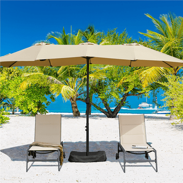Topeakmart 15ft Outdoor Double-Sided Twin Patio Umbrella Market Umbrella with Base & Crank & 2 Sandbags, Tan