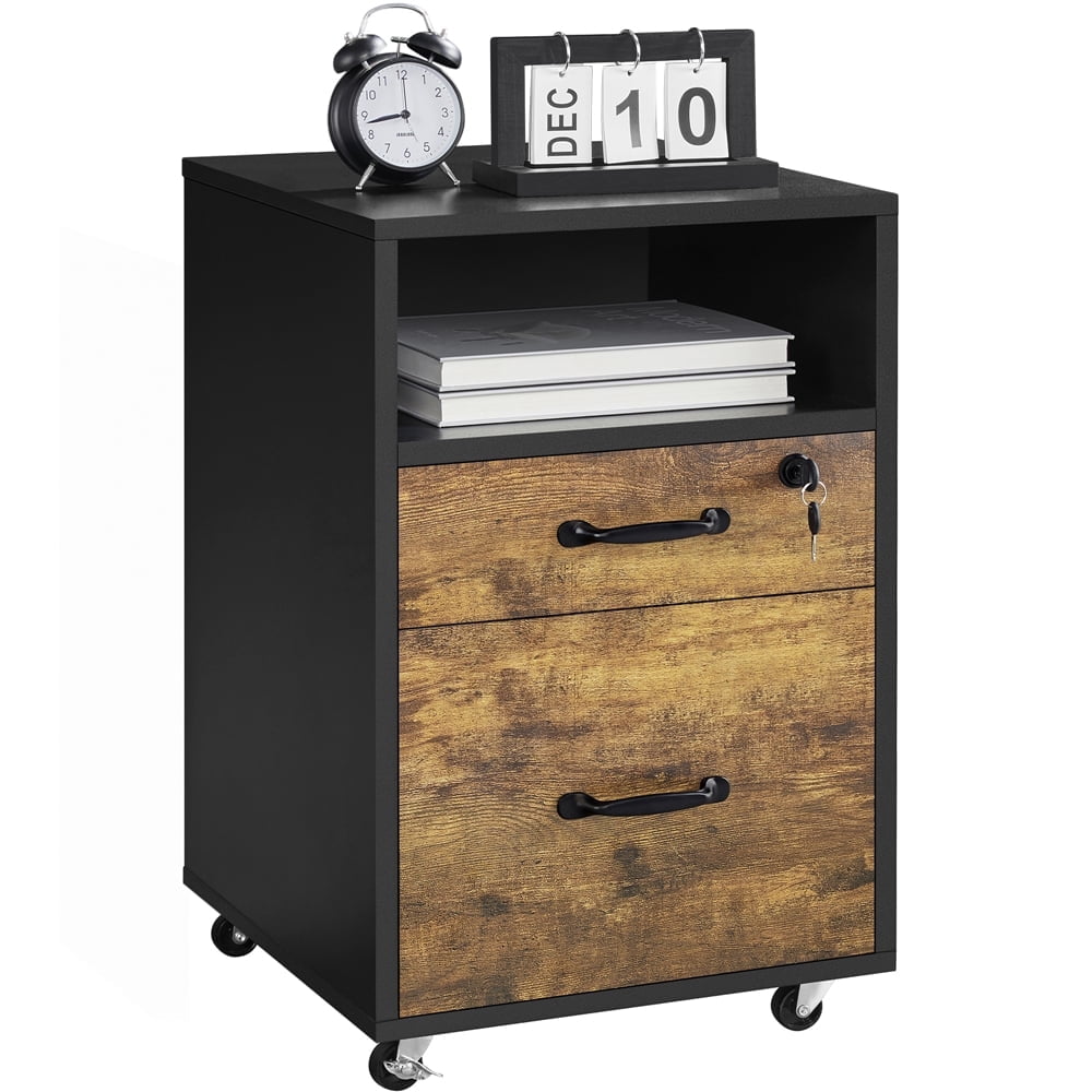 Yaheetech 2-Drawer Wooden Vintage File Cabinet with Wheels for Home and Office, Black/Rustic Brown