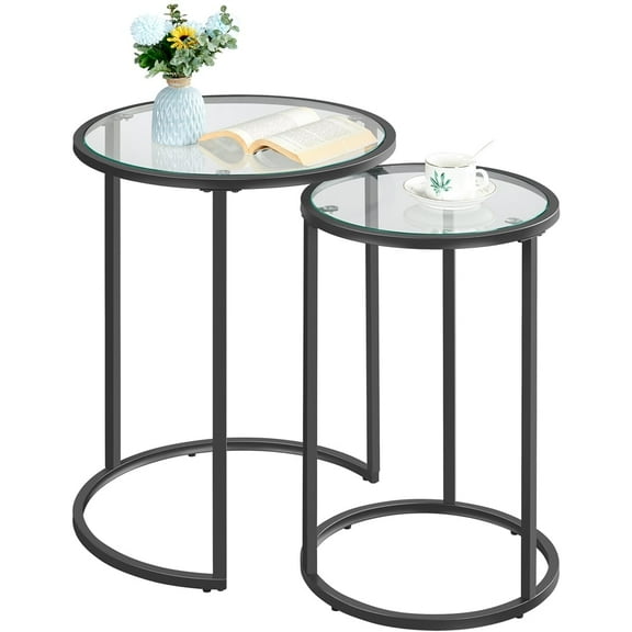 Topeakmart 2-Piece Round Nesting End Table Set with Metal Frame and Glass Top, Black