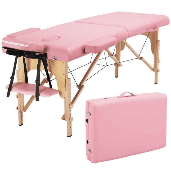 Topeakmart 2 Sections Adjustable Massage Table Folding Massage Bed with Headrest/Armrest/Hand Pallet Pink