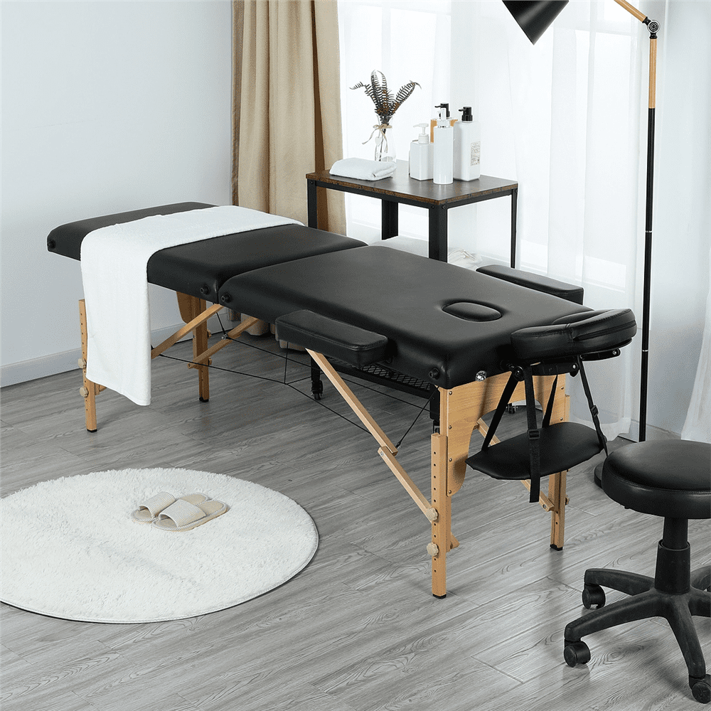 Topeakmart 2 Sections Folding Adjustable Massage Table Massage Bed Portable  Spa Table with Headrest/Armrest/Hand Pallet Black