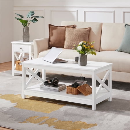 Yaheetech 2-Tier X-Design Coffee Table Accent Table with Storage Shelf White