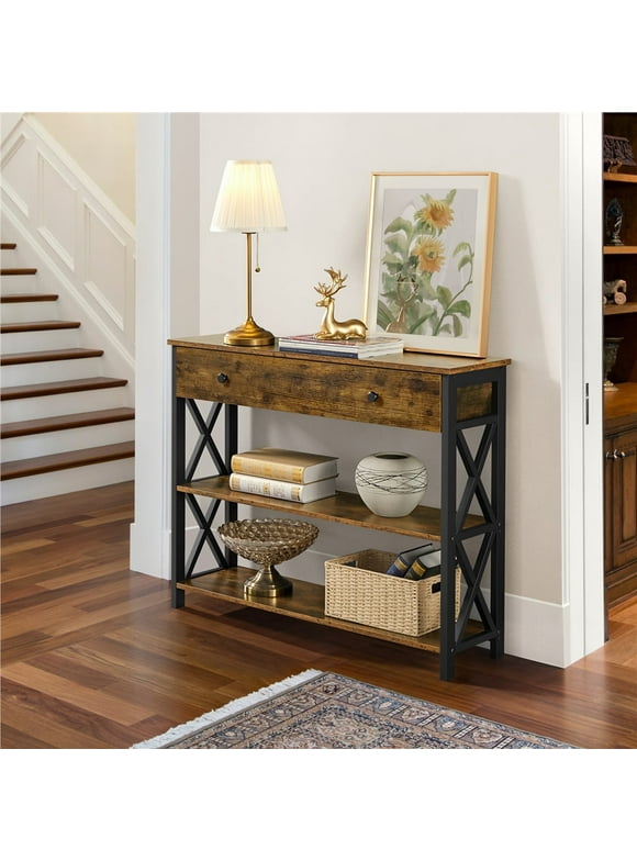 Topeakmart 2-Tier X-Design Wooden Console Table for Entryway, Rustic Brown