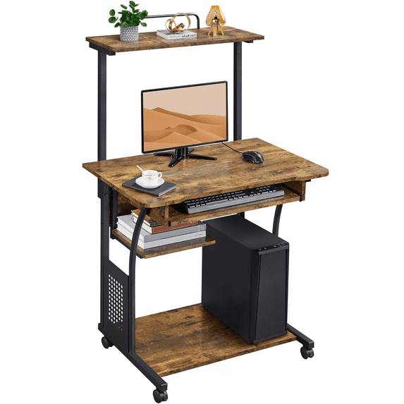 Topeakmart 2-Tier Rolling Computer Desk with Keyboard Tray, Rustic Brown