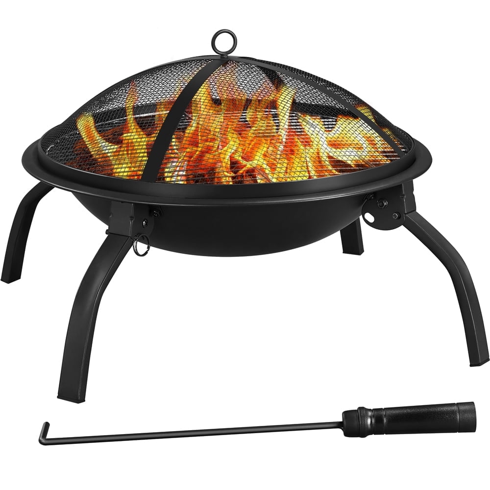 Topeakmart 22'' Round Iron Fire Pit Portable Outdoor Firepit with Mesh Lid Wood Grate Cooking Grill Fire Poker Carrying Bag, Black