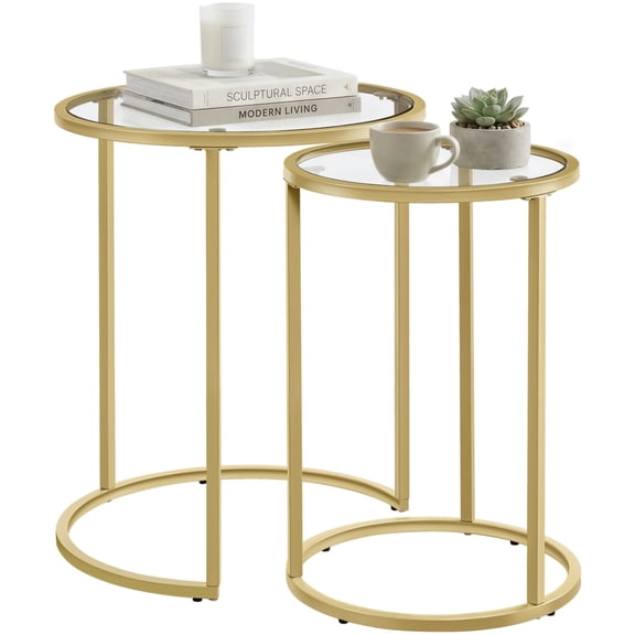 Yaheetech 23.5"H 2-Piece Round Metal Frame Nesting End Table with Glass Top for Living Room, Gold