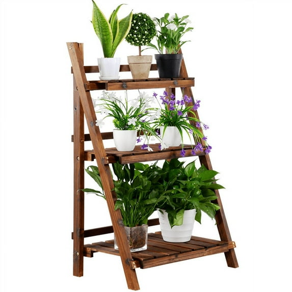Topeakmart 23" x 15" x 37" 3-Tier Brown Plastic, Fir, Wood and Metal Floral Plant Stand