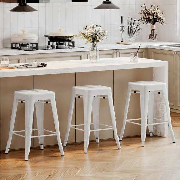 Topeakmart 24" Height Backless Metal Bar Stools with Footrests, Set of 4, White