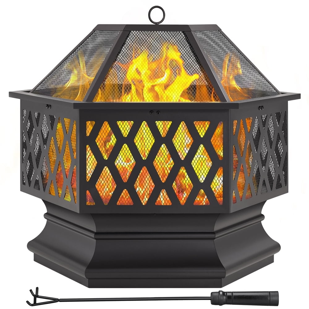 Topeakmart 26" Steel Fire Pit with Spark Screen & Fire Poker for Outdoor, Black