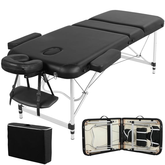 Yaheetech 27.6'' Wide Massage Table Adjustable 3 Fold Aluminum Massage Bed with Backrest/Headrest/Armrest/Hand Pallet, Black