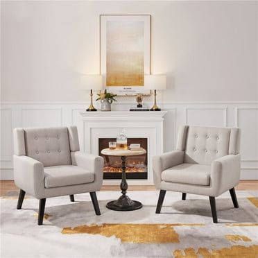 Topeakmart 2PCS Modern Upholstered Accent Armchair with Solid Wood Legs for Living Room, Beige