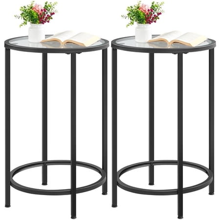 Yaheetech 2PCS Round Glass Top End Table with Metal Frame for Livingroom, Black