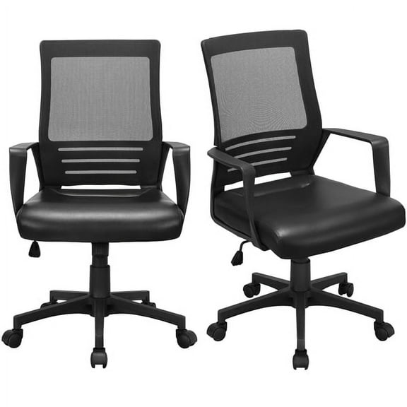 Yaheetech Set of 2 Swivel Office Chair with Leather Padded Seat and Armrests, Black