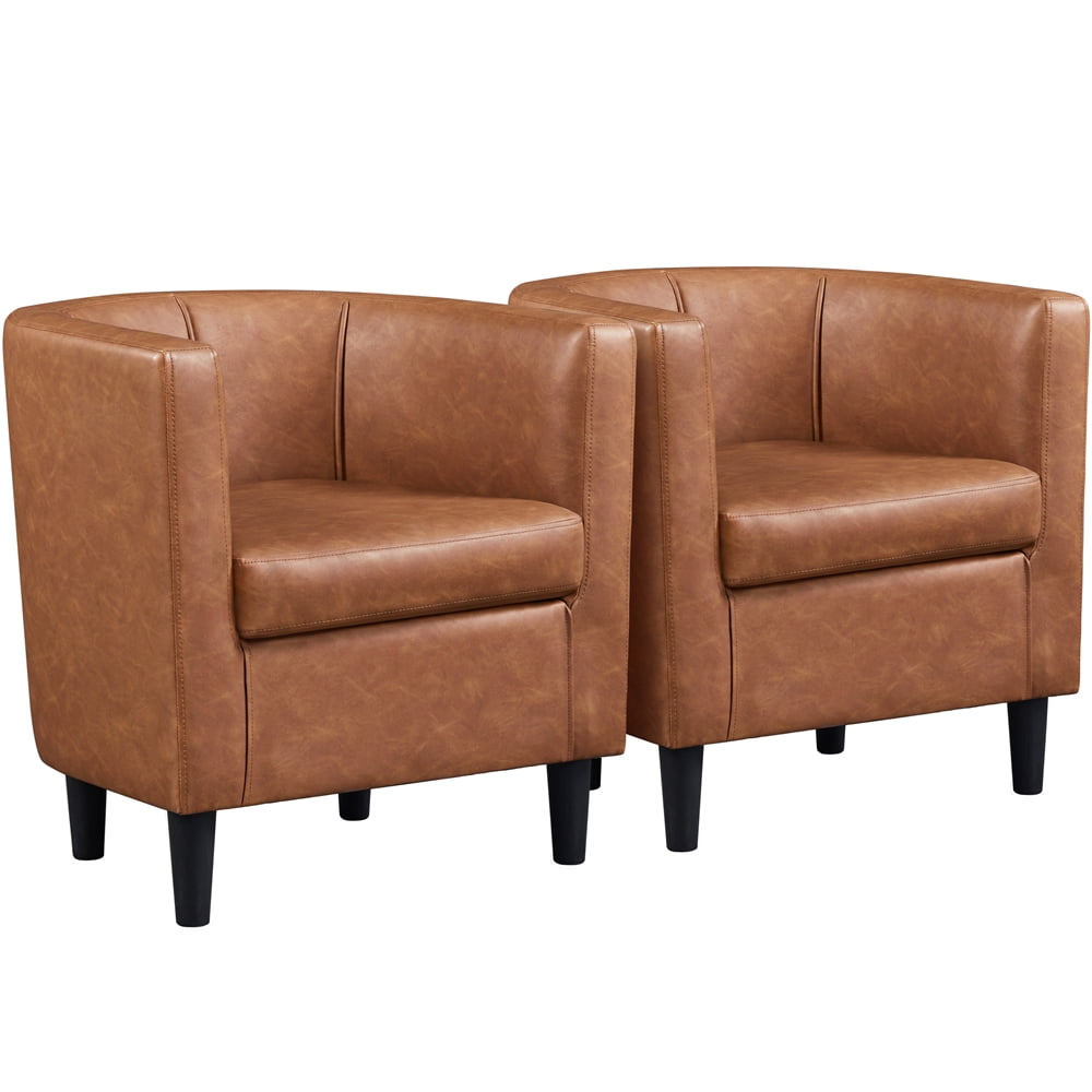 Topeakmart 2pcs Modern Barrel Armchairs, Faux Leather Upholstered