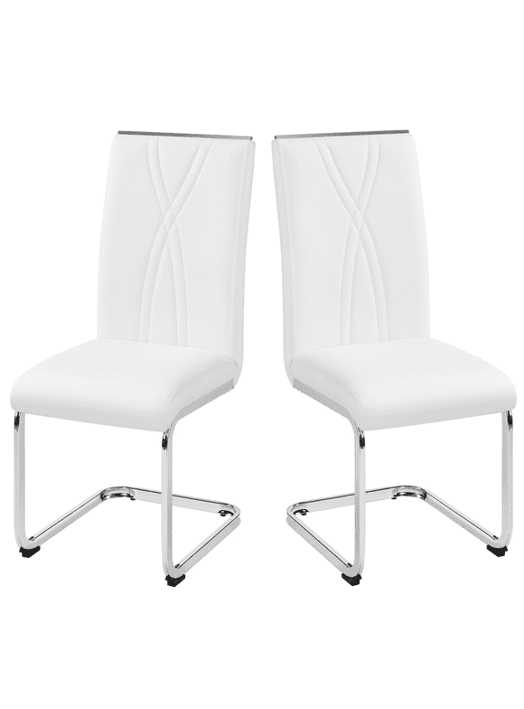 Topeakmart 2pcs Modern Faux Leather Dining Chair with Metal Legs for Kitchen, White