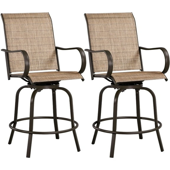 Topeakmart 2pcs Outdoor Swivel Bar Stools with Armrests and Footrest, Brown