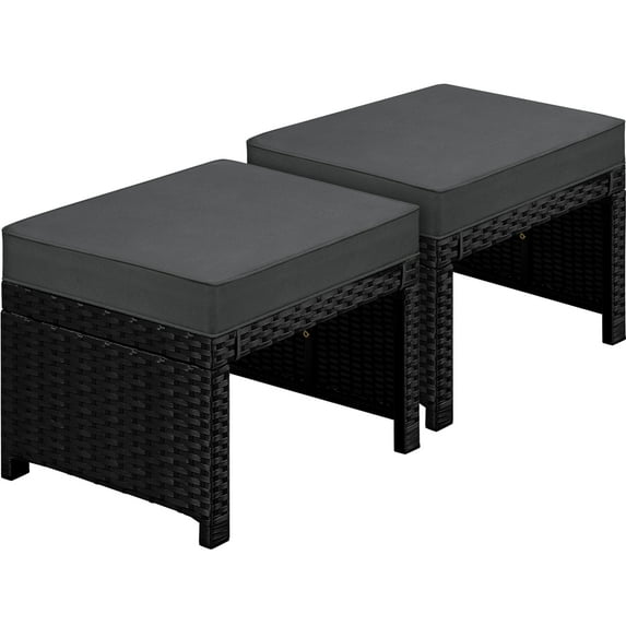 Topeakmart 2pcs Wicker Ottomans with Removable Cushion, Black/Gray