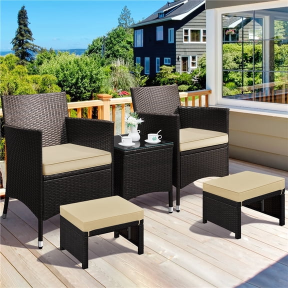 Yaheetech 2pcs Wicker Ottomans with Removable Cushions, Brown/Khaki
