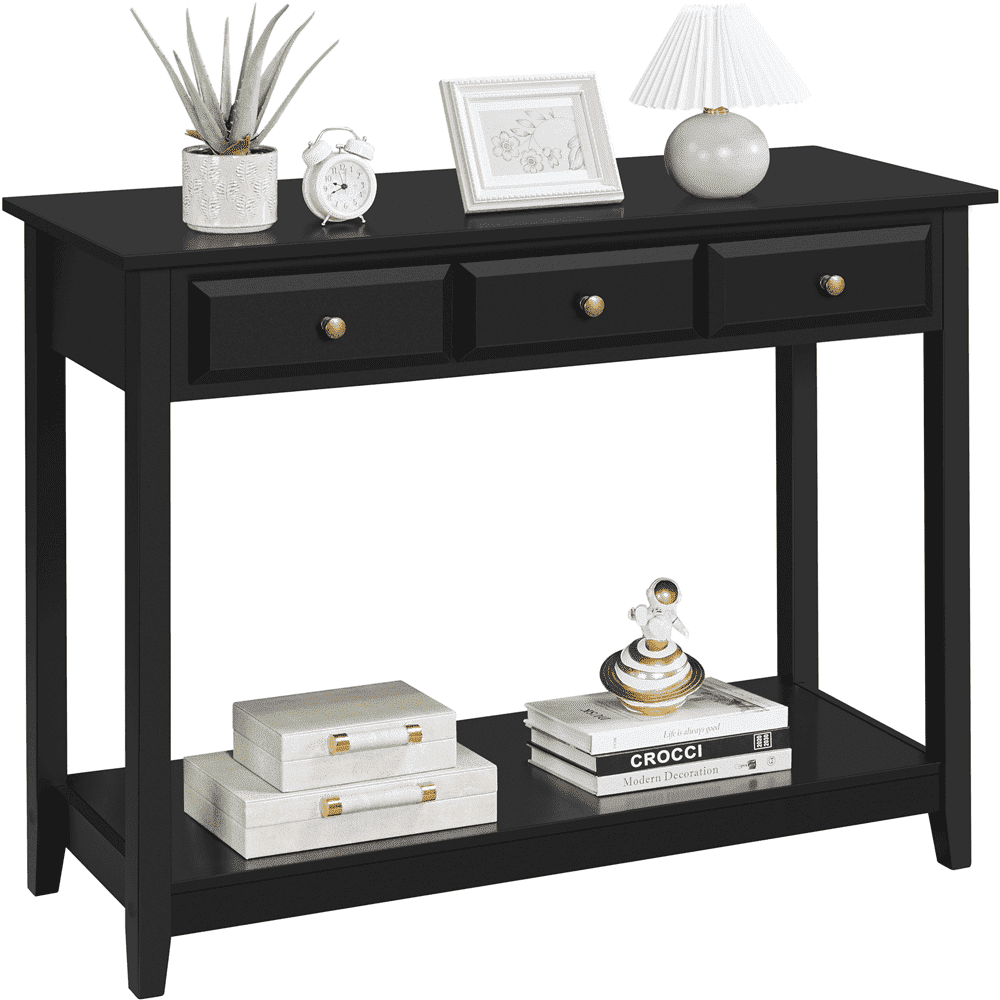 Yaheetech 3-Drawer Wooden Console Table Entryway Table with Storage Shelf Pine Wood Legs, Black