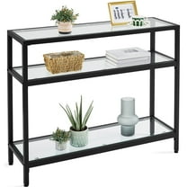 Topeakmart 3-Layer Tempered Glass Console Table with Metal Frame and Storage Shelf, Black