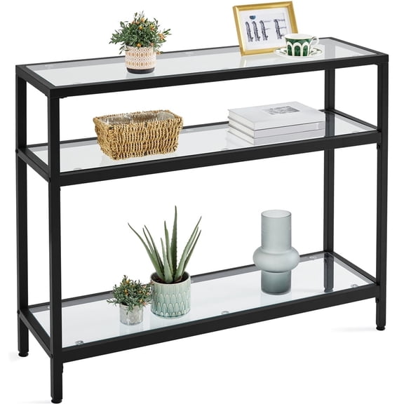 Yaheetech 3-Layer Tempered Glass Console Table with Metal Frame and Storage Shelf, Black