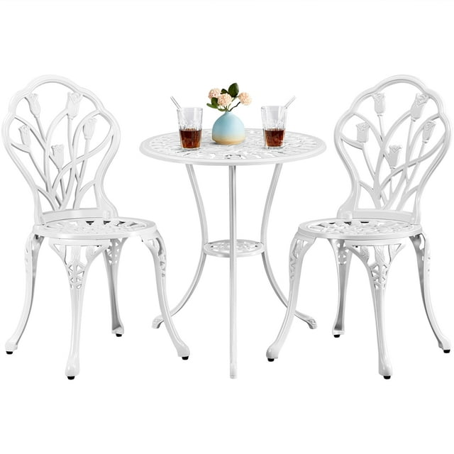 Topeakmart 3 Piece Aluminium Patio Bistro Table and Chairs Set Outdoor Furniture Bistro Set-White