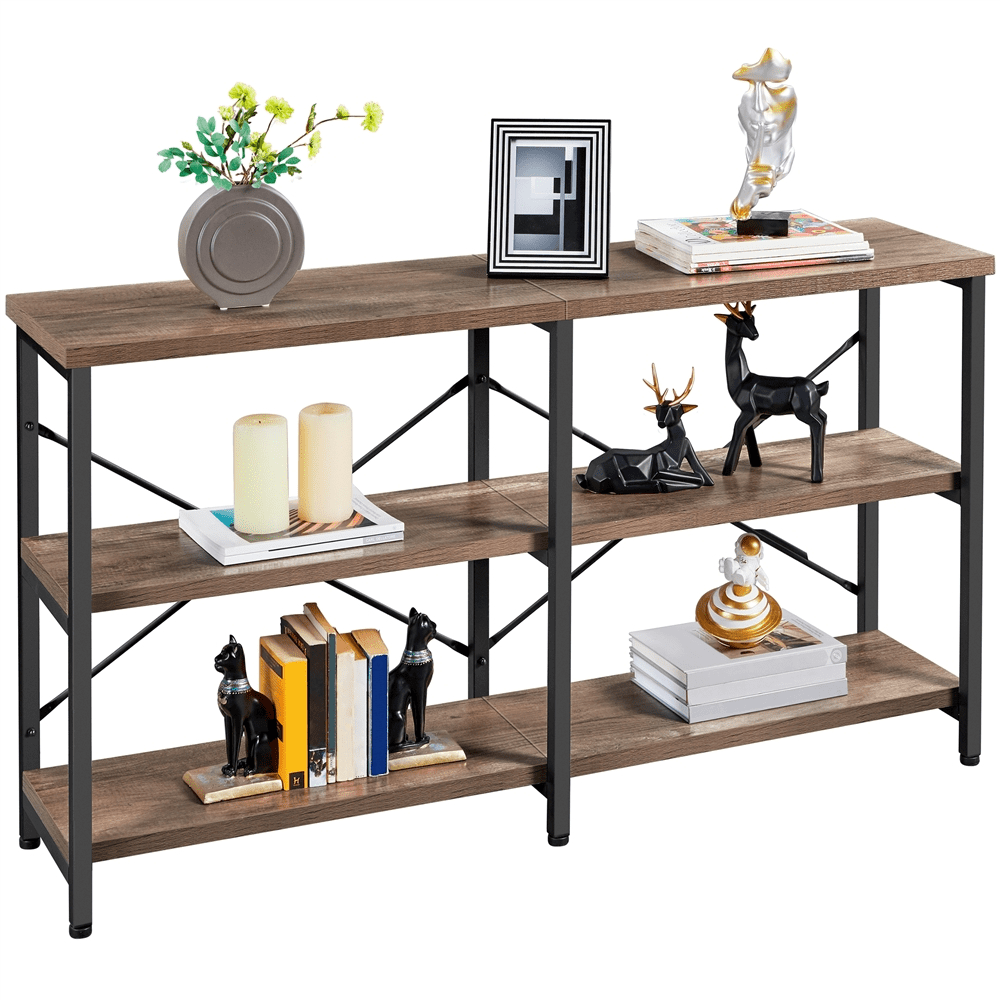 Taupe Wood and Black Metal 3-Tier Industrial Console Table with Storage