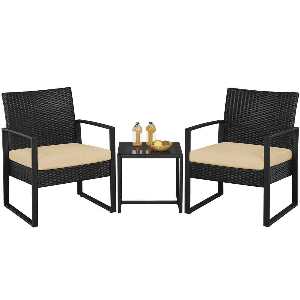 Yaheetech 3-Piece Modern Patio Set Rattan Chairs & Table for Garden, Black/ Khaki
