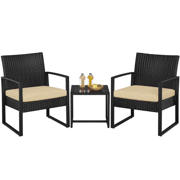 Topeakmart 3-Piece Modern Patio Set Rattan Chairs & Table for Garden, Black/ Khaki
