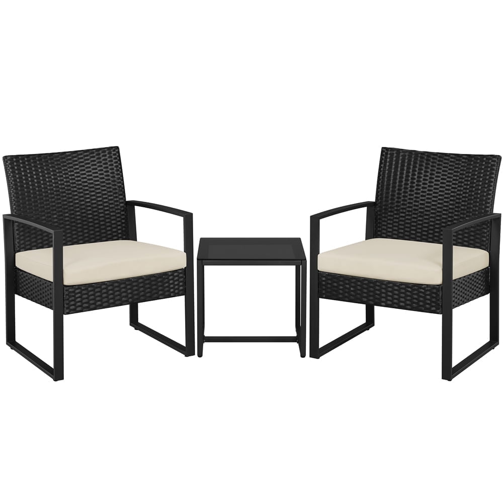 Yaheetech 3-piece Patio Set 2 Rattan Chairs & Table with Cushions, Black/Beige