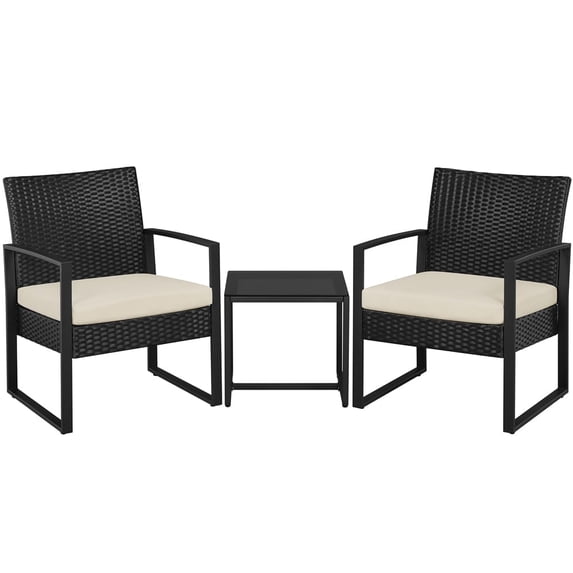 Yaheetech 3-piece Patio Set 2 Rattan Chairs & Table with Cushions, Black/Beige