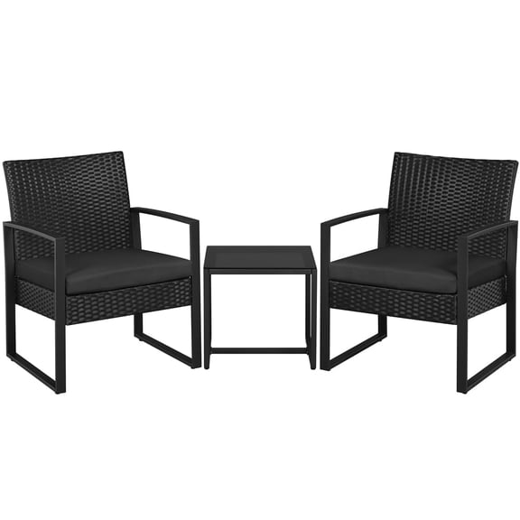 Yaheetech 3-piece Patio Set 2 Rattan Chairs & Table with Cushions, Black