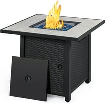 Topeakmart 30'' Outdoor Square Propane Fire Pit Table 50,000 BTU Gas Fire Pit with Ceramic Tabletop , Rattan Pattern Steel Base and Fire Glass, Black/Gray