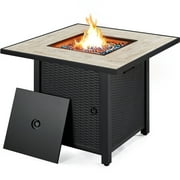 Topeakmart 30'' Outdoor Square Propane Fire Pit Table 50,000 BTU Gas w/ Ceramic Rattan Pattern Steel Base Glass Black