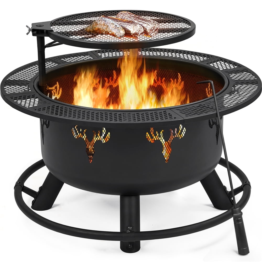 Topeakmart 32'' Round Wood Burning Fire Pit w/ Poker & Swivel Cooking Grate Decorative Deer Head Black