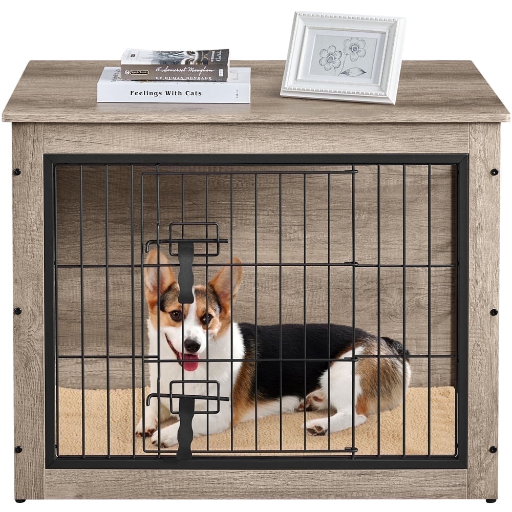 Yaheetech 31.7" W Rustic Wooden Dog Crate Furniture with Anti Skid Plush Mat, Gray