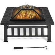 Topeakmart 34'' Outdoor Metal Square Fire Pit with Cover & Poker, Black