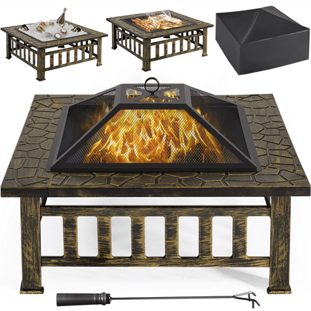 Topeakmart 34'' Outdoor Metal Square Fire Pit with Cover & Poker, Bronze