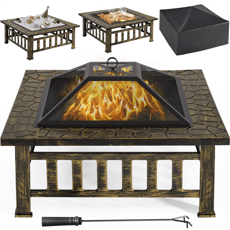 Topeakmart 32'' Outdoor Metal Fire Pit Square Garden Stove Brazier for Barbecue, Heating, Cooling Drinks w/Cover & Poker Black Topeakmart 32'' Outdoor Metal Fire Pit Square Garden Stove Brazier for Barbecue, Heating, Cooling Drinks w/Cover & Poker Black