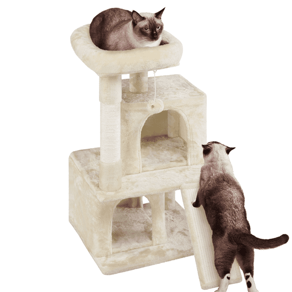 Yaheetech 36'' H Cat Tree Tower with Double Condos Scratching Posts Sisal Rope Furry Ball, Beige