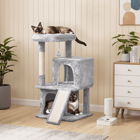 Yaheetech 36'' H Cat Tree Tower House with Double Condos Scratching Posts Sisal Rope Furry Ball for Cats and Kittens, Light Gray