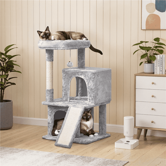 Yaheetech 36'' H Cat Tree Tower House with Double Condos Scratching Posts Sisal Rope Furry Ball for Cats and Kittens, Light Gray