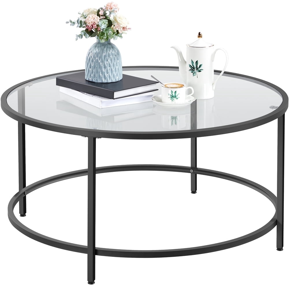 Yaheetech 36in Modern Glass-Top Coffee Table Round Sofa End Table for Living Room, Apartment, Small Space, Black
