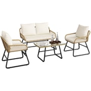 Yaheetech 4-Piece Boho Style Patio Rattan Conversation Set with Cushions and Pillows, Tan/Cream